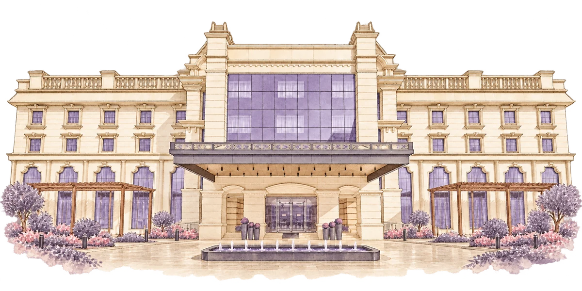 Watercolor illustration of Radisson Blu Hotel, Ajman, in lavender, soft pink and beige